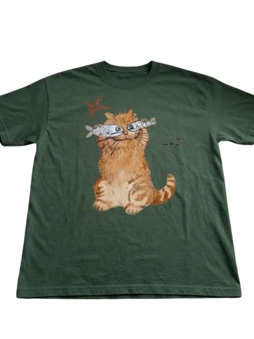 Cat Graphic T-Shirt in Forest Green - Playful Ginger Cat Design